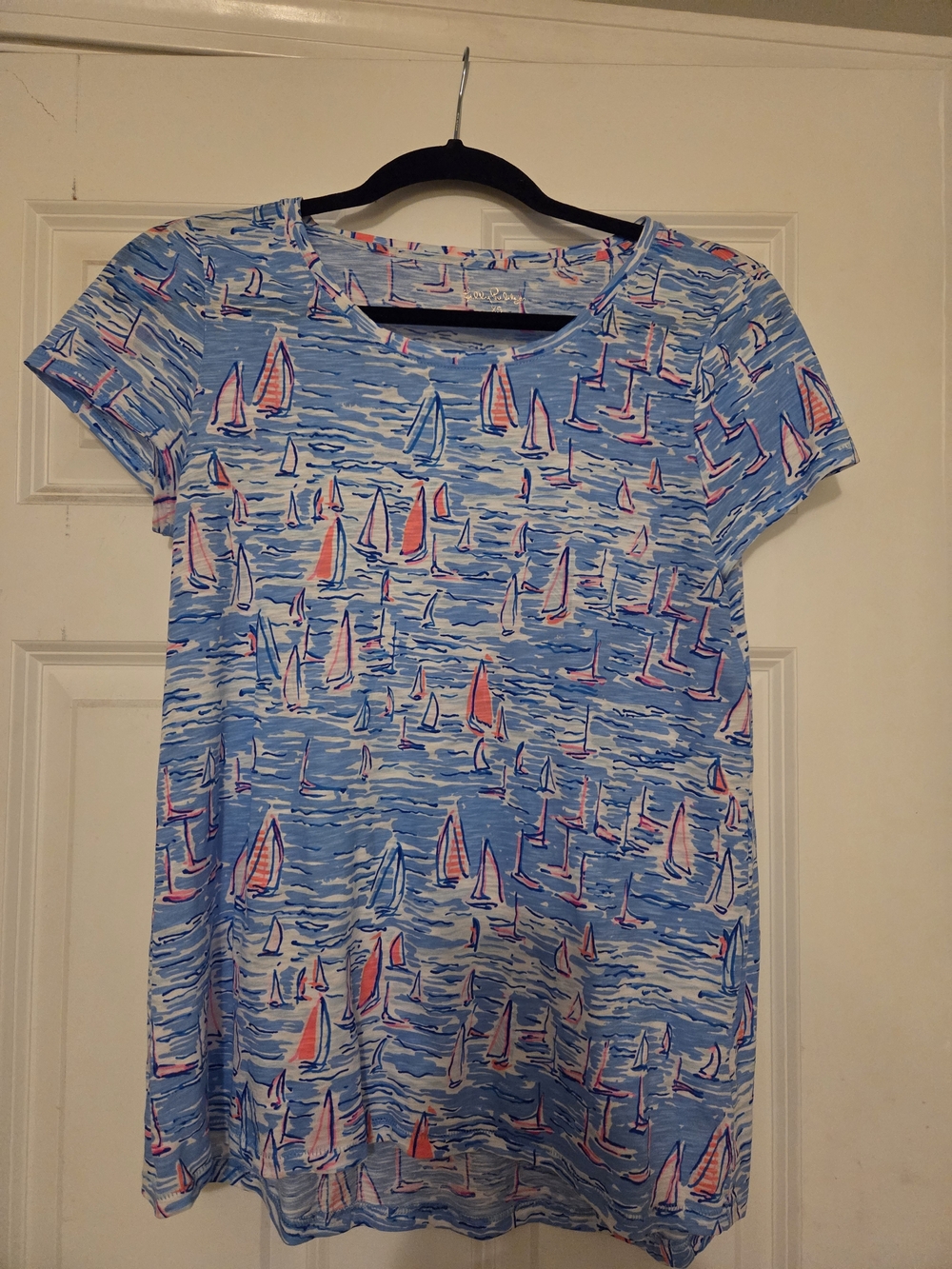 Lilly Pulitzer Blue Short Sleeve Tee with Pink Sailboat Print